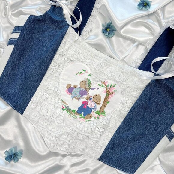 Vintage Teddy Bear Denim Corset Top – Cottagecore Coquette Aesthetic - Picture 6 of 7